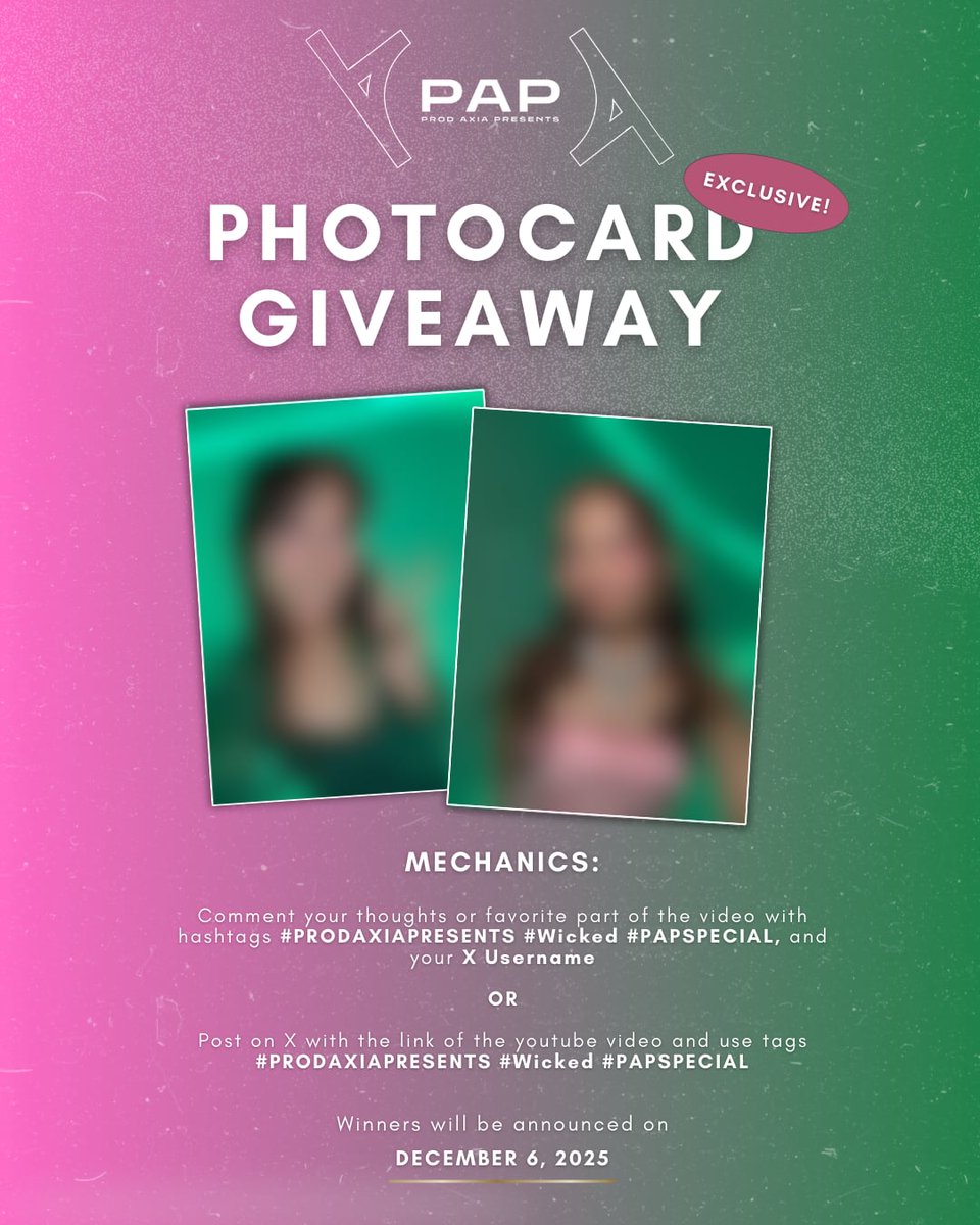 [PROD AXIA PRESENTS]

Get your chance to win SIGNED PHOTOCARDS from our PAP LIVE. 

Mechanics down below ⬇️⬇️⬇️

'PAP LIVE: FOR GOOD' 
Starring Sophia Mercado and Chill Paloma is OUT NOW! 💚🩷

Watch the Live Performance here 
📌 youtu.be/JAK8cKtMw7E

PAP SPECIAL TOMORROW