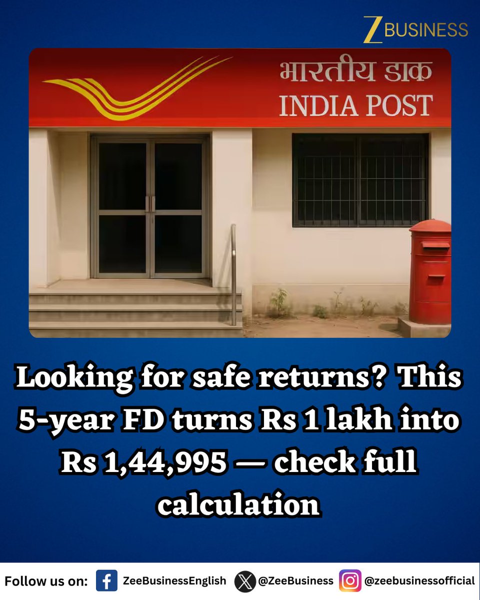 ZeeBusiness's tweet photo. Looking for safe returns? This 5-year FD turns Rs 1 lakh into Rs 1,44,995 — check full calculation
Read More: https://t.co/diXq5Dtdc8
#PostOfficeFD #PersonalFinance https://t.co/pQUadJDosS