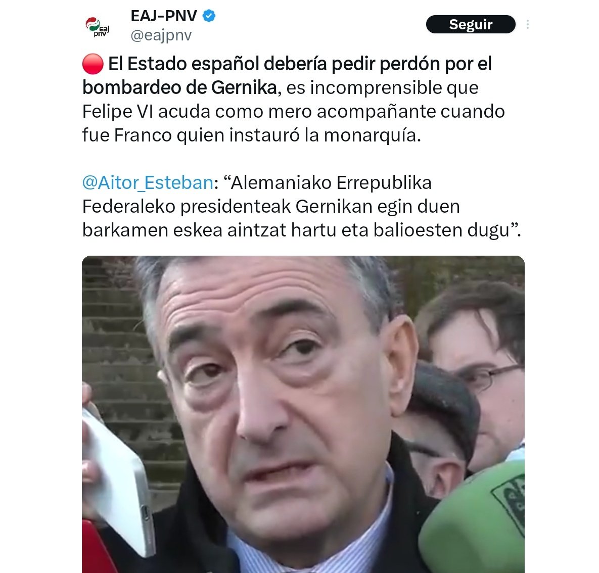 En Guernica hubo 126 muertos por el bombardeo.
ETA asesinó con la inestimable complacencia del PNV a 853 inocentes.
¿Cuando vais a pedir perdón vosotros?
<a href="/eajpnv/">EAJ-PNV</a>