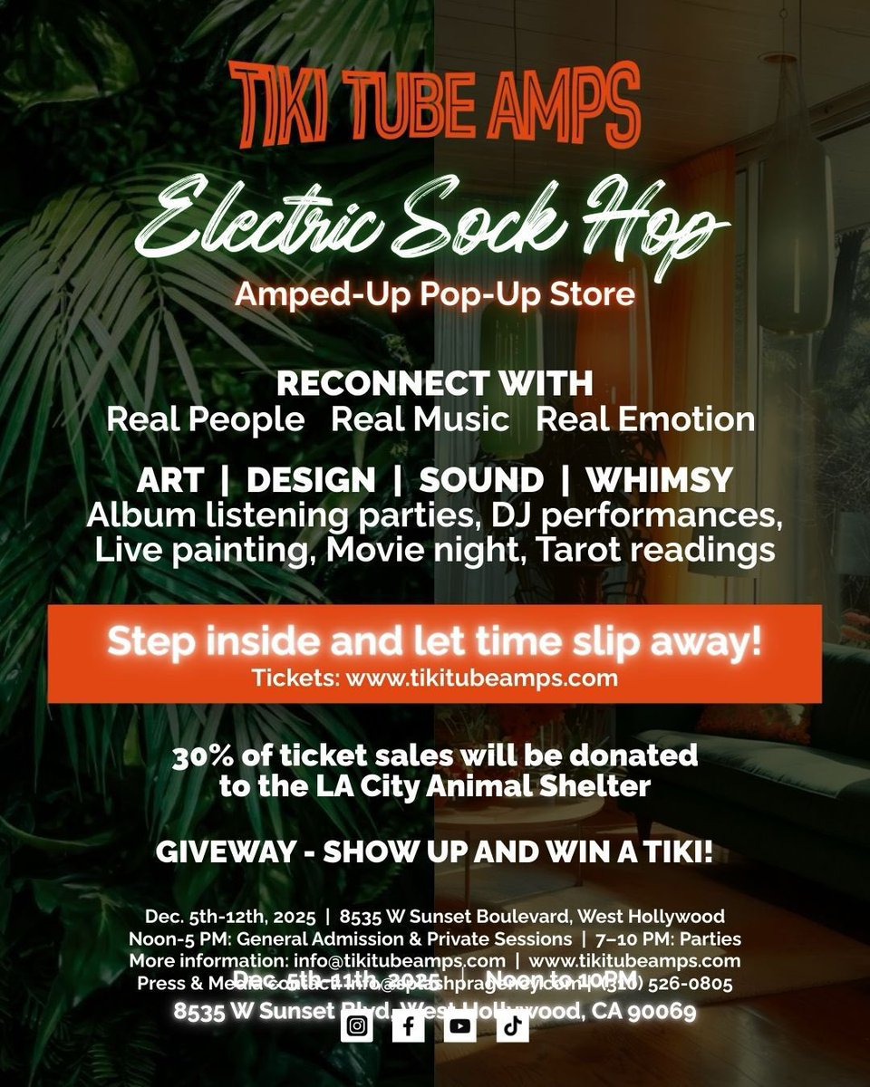 ClaireArnaudAub's tweet photo. The Tiki Tube Amps Electric Sock Hop reimagines what a home (and a life) can feel like.

It’s a thoughtfully curated universe blending art, design, sound, whimsy, and pure creative freedom.
This pop-up captures the essence of Tiki Tube Amps’ elevated spirit: bold, fun, soulful, and crafted with intention.

You don’t just visit. You experience it.
Come lose track of time with us.

 👉 Reserve your ticket and explore this ephemeral world before it disappears.

Tickets: https://t.co/gZeK2R6Dzi 
Website: https://t.co/oj55ZHr4dV
More information: info@tikitubeamps.com
Press & Media: info@splashpragency.com | (310) 526-0805

#designinspiration #lifestylecollective #losangelesartist #mcmstyle #artcuration #laevents2025