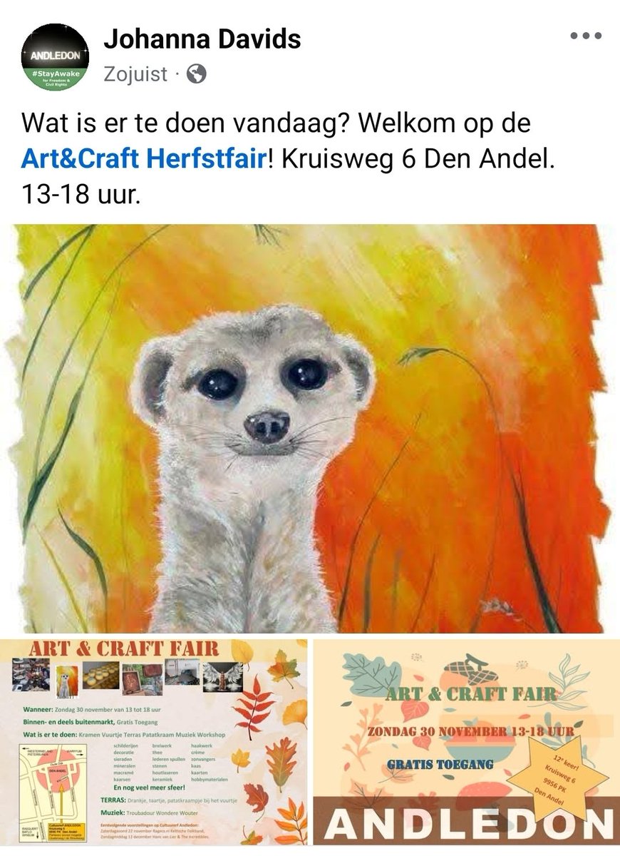 Wat is er te doen vandaag? Welkom op de Art&amp;Craft Herfstfair! Kruisweg 6 Den Andel. 13-18 uur.
