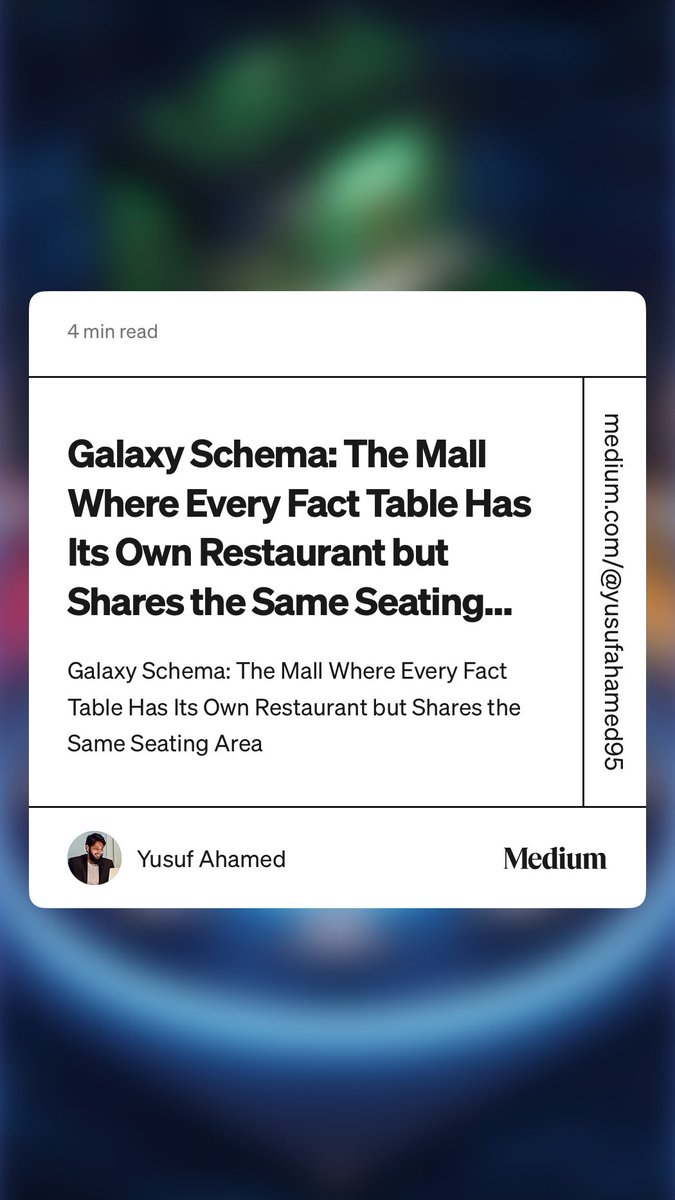 YusufAhamed95's tweet image. “Galaxy Schema: The Mall Where Every Fact Table Has Its Own Restaurant but Shares the Same Seating…” by Yusuf Ahamed

#DataEngineering #AnalyticsEngineering #DataWarehouse #SQL#SnowflakeSchema #GalaxySchema #DataModeling #ETL #DataArchitecture #Medium  medium.com/@yusufahamed95…