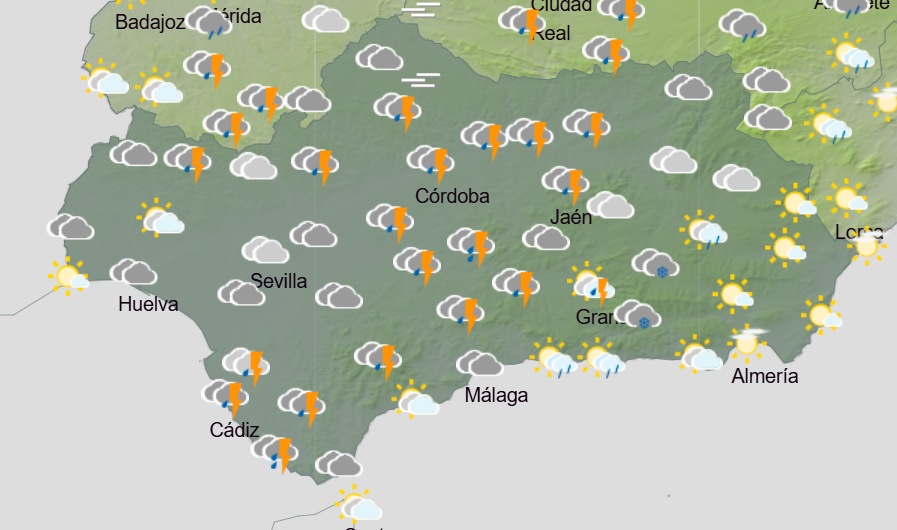 ☔️ #BuenosDías #Andalucía 

⛈️ Cielos muy nubosos, con aviso 🟨 en #Cádiz y #Sevilla por chubascos localmente fuertes, que pueden ir acompañados de tormentas y granizo 

🌡️ Descenso de las máximas localmente notable

❄️ Cota de nieve 1700-1900 m

💨Vientos flojos a moderados