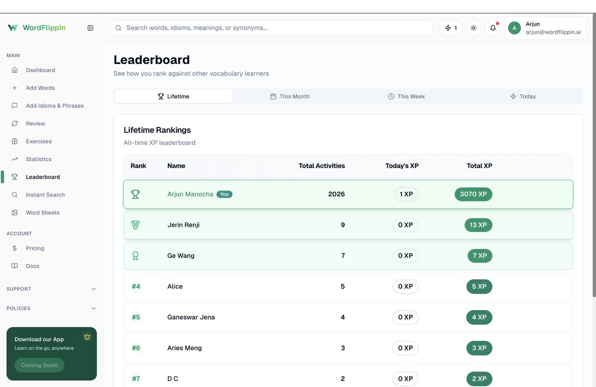 WordFlippin's tweet photo. 🔥 It's time for LEADERBOARD!

We are going at 2x speed now...

Last week we built EXERCISES and today it is time for LEADERBOARD!

You can now earn XP and top the Leaderboard! This makes WordFlippin even more fun and competitive.

Go check it out --> https://t.co/RAsycQzMR1 https://t.co/czU1qbvM33
