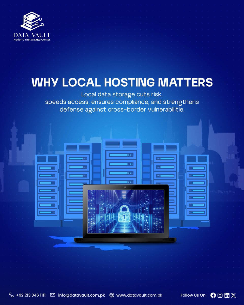 Datavaultpk's tweet image. Local hosting isn’t just a choice, it’s a performance strategy.

Reduced latency, stronger compliance, and data protection all begin with physical proximity.

#LocalHosting #EdgeComputing #CyberSecurity #DataProtection #Infrastructure #CodeZentrale #TechEducation