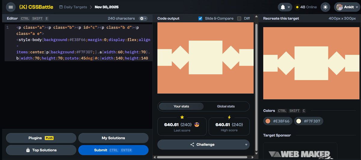 AnkitJa46246287's tweet image. {⚔️} Day 104 of #CSSBattleDaily streak: Nov 30  — 640.61 score / 240 chars cssbattle.dev/play/UCThiLXsu… via @css_battle