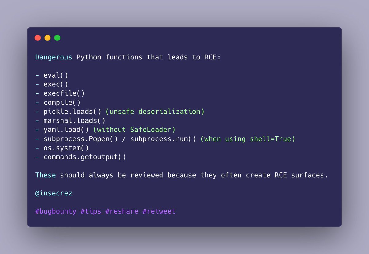 insecrez's tweet image. Dangerous functions that can lead to RCE 
.
.
#bugbountytip #Tips #retweet