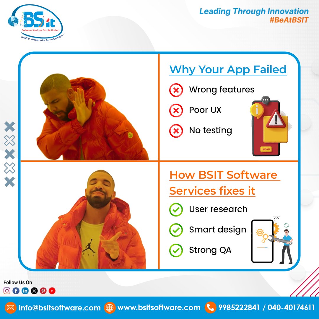 bsitsoftware's tweet image. 🚀 Fix Your Failed App &amp;amp; Build What Users Love!

Wrong features? Poor UX? No testing?
Your app didn’t fail — it just needs the right tech partner! 💡📲

At BSIT Software Services, we turn app setbacks into success stories with:
✔ User-centric research
✔ Smart &amp;amp; scalable UI/UX…