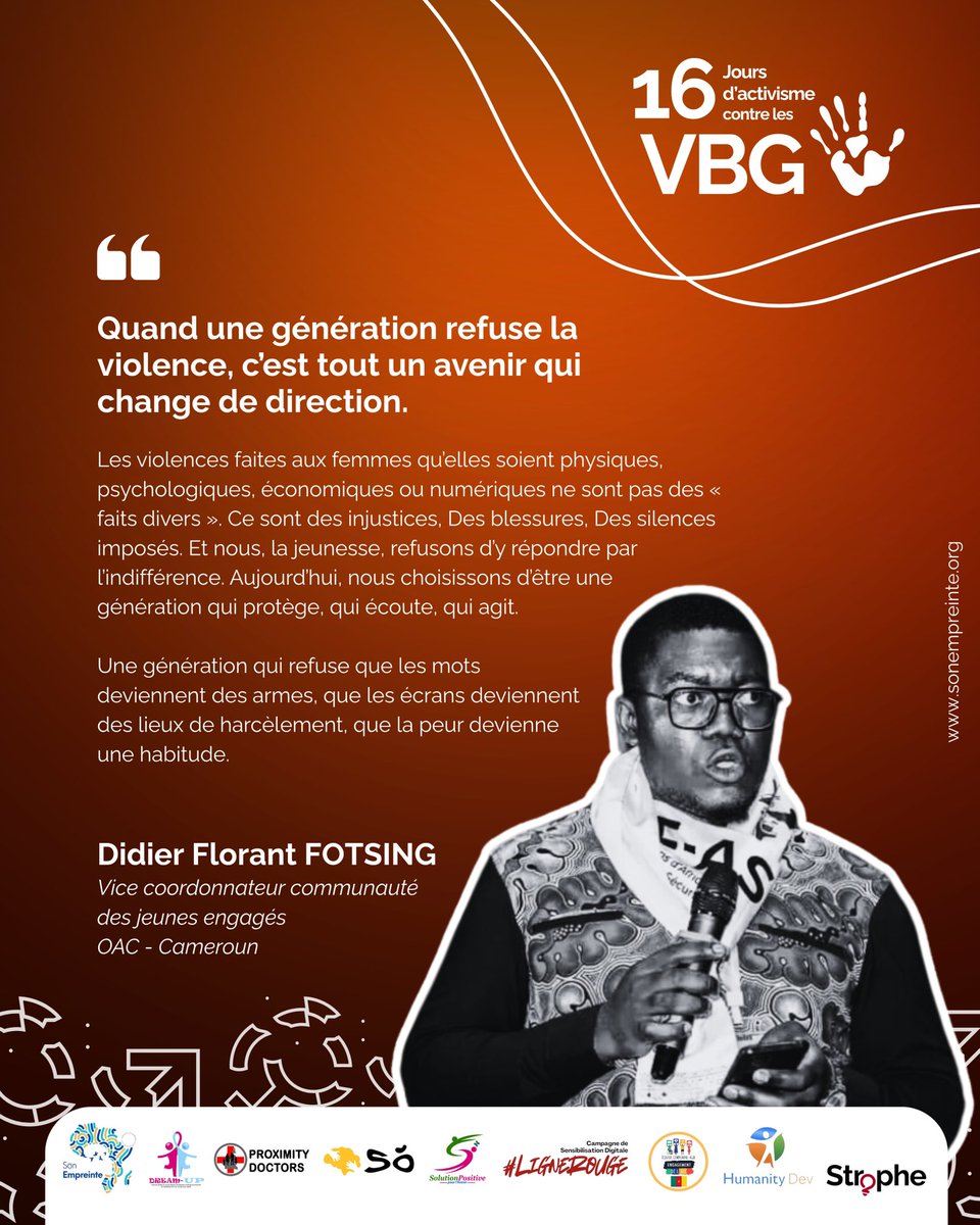 🟧 16 jours d’activisme contre les #VBG : quand une génération dit NON, tout un avenir change.

Quand une génération refuse la violence, ce n’est pas un slogan. C’est une ligne d’histoire qui se déplace. Nous refusons que la peur devienne une habitude.