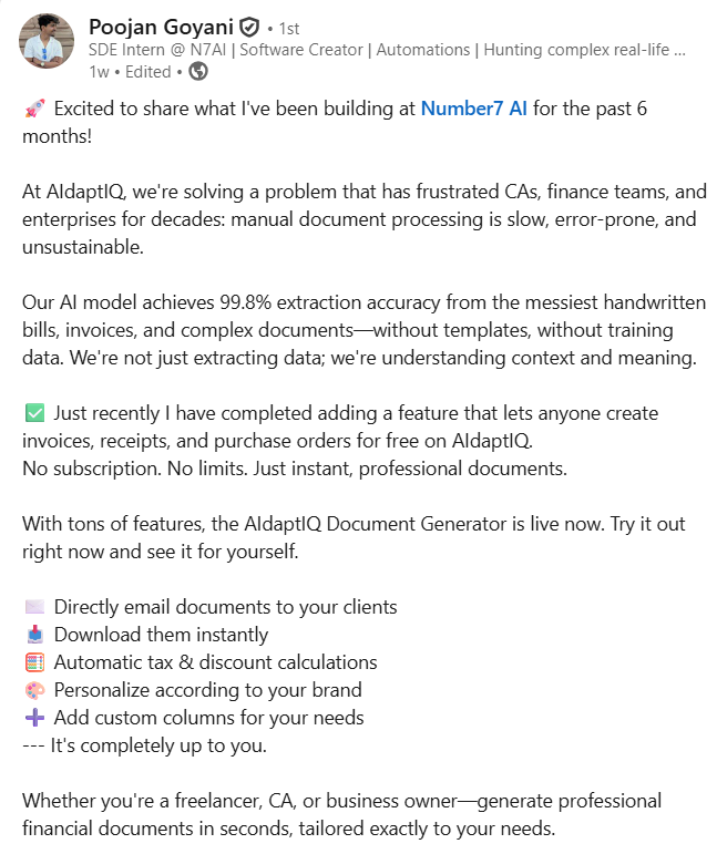 Number7AI's tweet image. Straight from our dev, what they have to say about their work.

Try AIdaptIQ today. Try the Document Generator for free. See the difference.

🔗 aidaptiq.com 
🔗 number7ai.com

#DocumentProcessing #AI #AIdaptIQ #Number7AI #Automation #Innovation #OCR