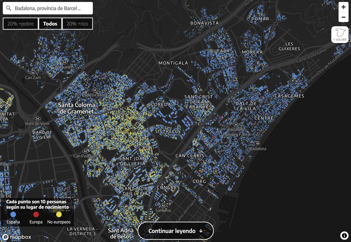 oriolllado's tweet image. Història de dues ciutats a #Badalona: 

🔵 Persones nascudes a l&apos;estat
🔴 A Europa
🟡 Fora d&apos;Europa

Totes les dades a @eldiarioes: eldiario.es/desalambre/map…