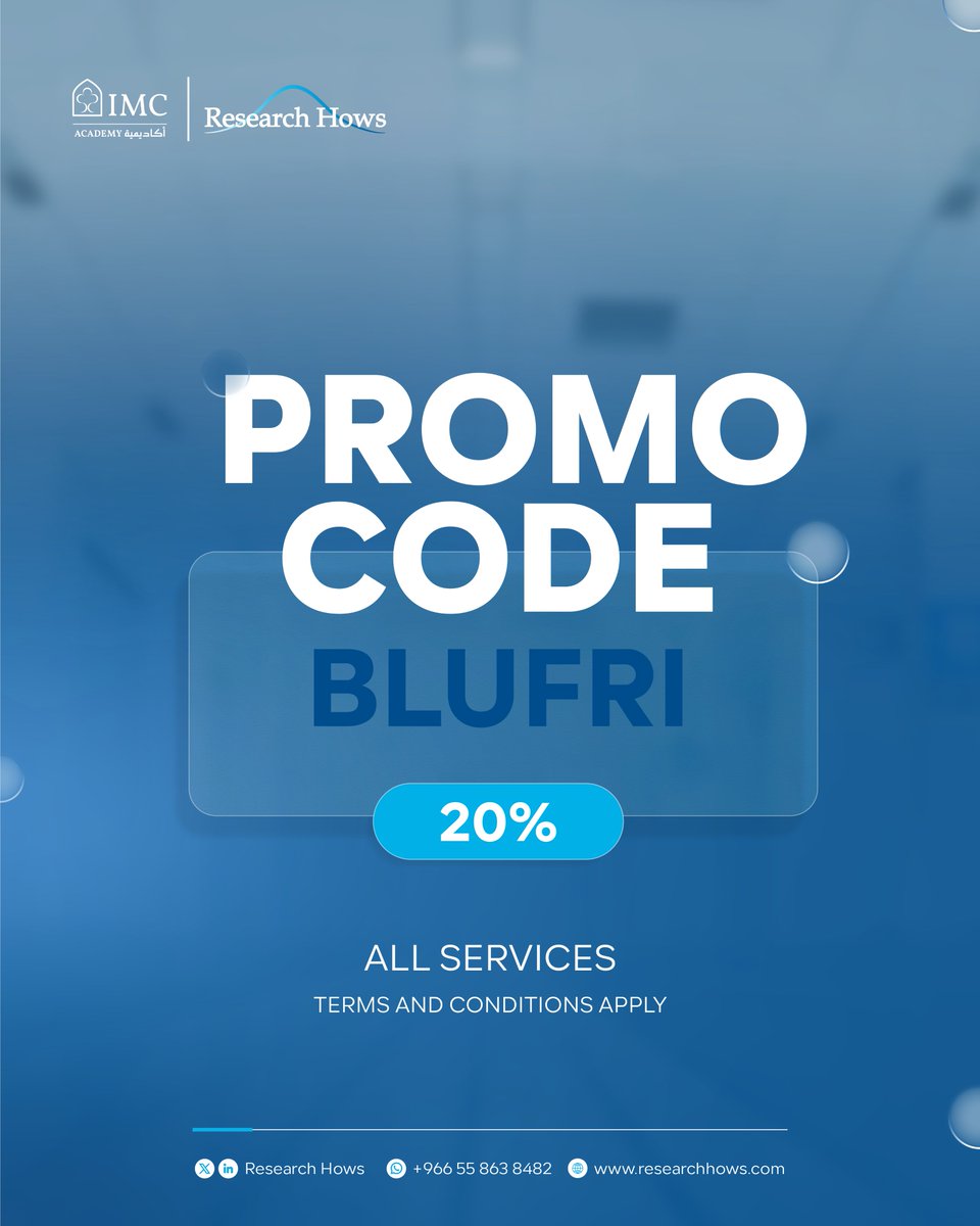 💡Unlock your discount!
Use code BLUFRI to get 20% off all services
Limited-time offer — don’t miss it!

💡فعّل خصمك الآن!
استخدم كود BLUFRI واحصل على 20% على جميع الخدمات
عرض لفترة محدودة — لا تفوّت الفرصة!

🔗researchhows.com