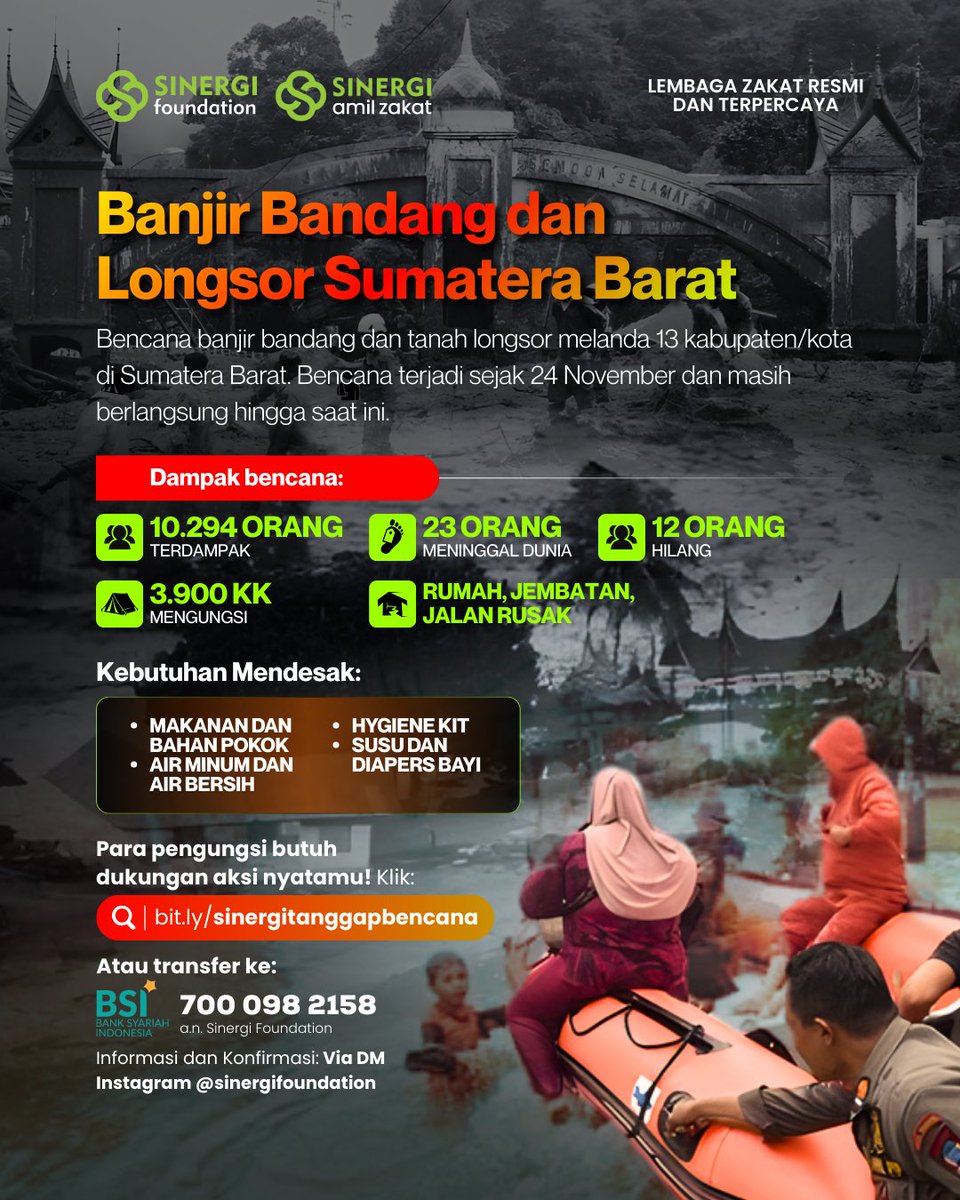 Mari hadir dan berikan aksi nyata kita untuk mereka!

Klik bit.ly/sinergitanggap…

Kamu juga bisa transfer melalui:
💳 BSI 700 098 2158 a.n. Sinergi Foundation

📲Untuk informasi dan konfirmasi, hubungi:
0851-1762-1366 - Kang Dini

#aksinyata #sumbar #prayforsumatera #banjir