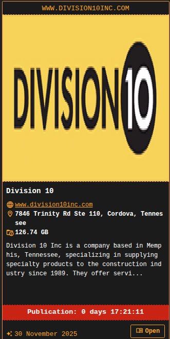 FalconFeedsio's tweet image. 📢 Ransomware Alert 🇺🇸

Division 10, inc. (division10inc.com), a U.S.-based specialty contractor and supplier for the construction industry has fallen victim to DragonForce Ransomware.

NB: The group intends to publish the data within a day 

🔍 Key details: 
🛡 Threat…