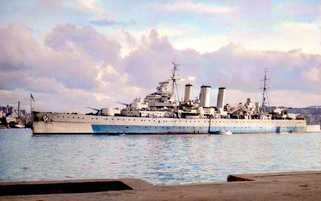 Heavy cruiser HMS Cumberland in Grand Harbour, Malta.

That’s a fine looking ship. Built in 1926, she served through until 1958.
