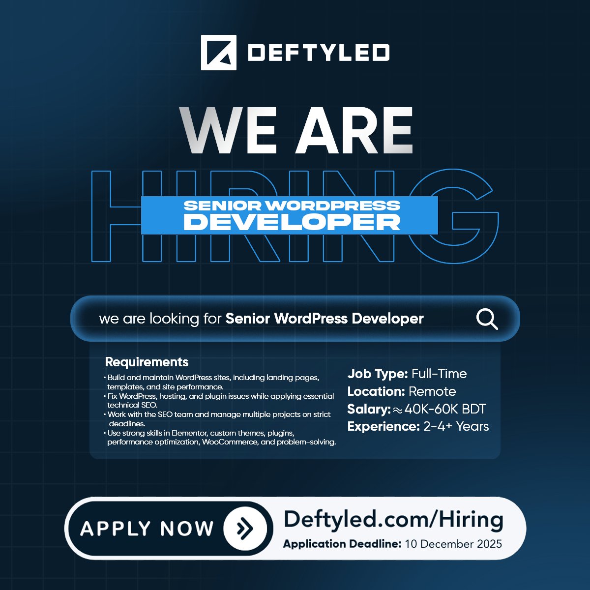 Deftyled's tweet image. We&apos;re looking for a Senior WordPress Developer. 

If you have 2–4 years of experience in WordPress, WooCommerce &amp;amp; technical SEO, apply here: deftyled.com/hiring/web-dev…