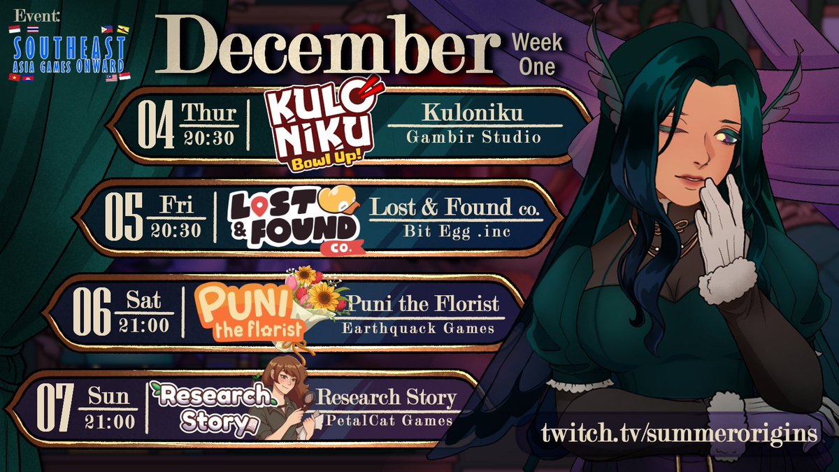 #SEAGO2025 is officially starting tomorrow! 

Here's my stream schedule for the first week, focusing on some comfy sim games!

(All times GMT+7)

<a href="/SEAGamethetic/">South East Asia Game Aesthetic</a> <a href="/VirtualSEAsia/">Virtual SEAsia</a> <a href="/PlayPrimeShow/">PlayPrime</a>