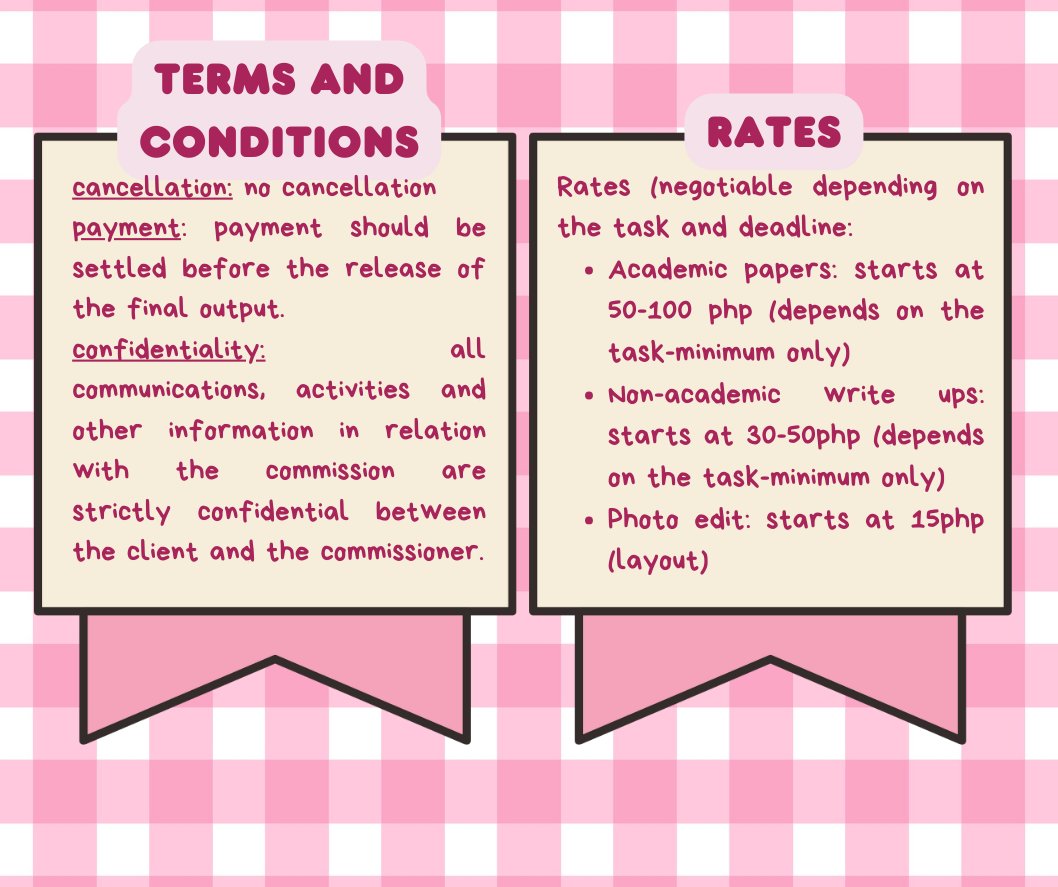 writtenbyaki's tweet photo. ────୨ welcome to my account .ᐟ ৎ────

hi, i'm aki! i'm a commissioner that can extend a helping hand in your tasks. i offer an affordable rates. ˚ʚ♡ɞ˚

kindly read the photos below and if you're ready to go, hit that follow button and send me your commission! https://t.co/CXWuJq0rcC