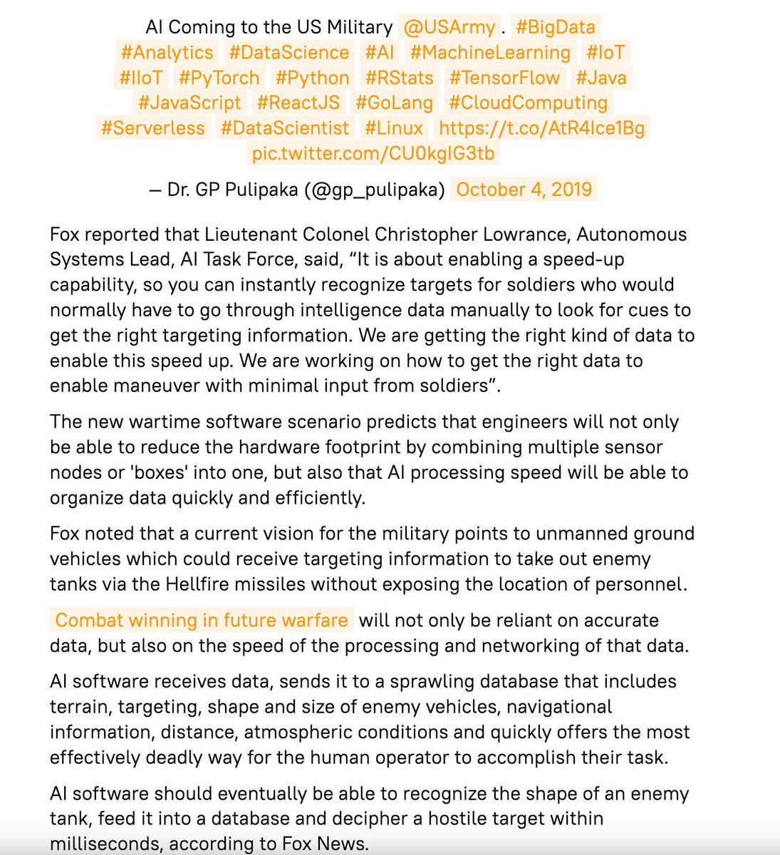 gp_pulipaka's tweet image. US Military Army! by @SputnikInt. Featuring @gp_pulipaka @USArmy #BigData #Analytics #DataScience #AI #MachineLearning #IoT #IIoT #PyTorch #Python #RStats #TensorFlow #CloudComputing #DataScientist #Linux #Programming #Coding #100DaysofCode  
geni.us/Military-AI-Re… 
.