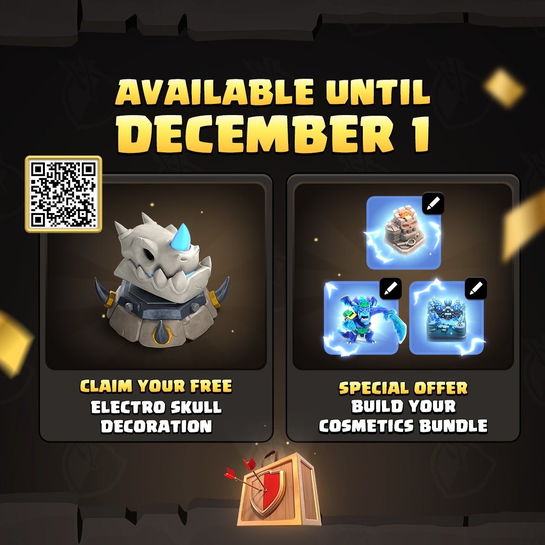 FREE Electro Skull Deco?!
Scan the code before it vanishes!
Build your dream Cosmetics Bundle! Now in store.supercell.com
Bonus: December Gold Pass includes a Builder Potion!
supr.cl/ClashBlackFrid…
#BlackFriday #ClashofClans