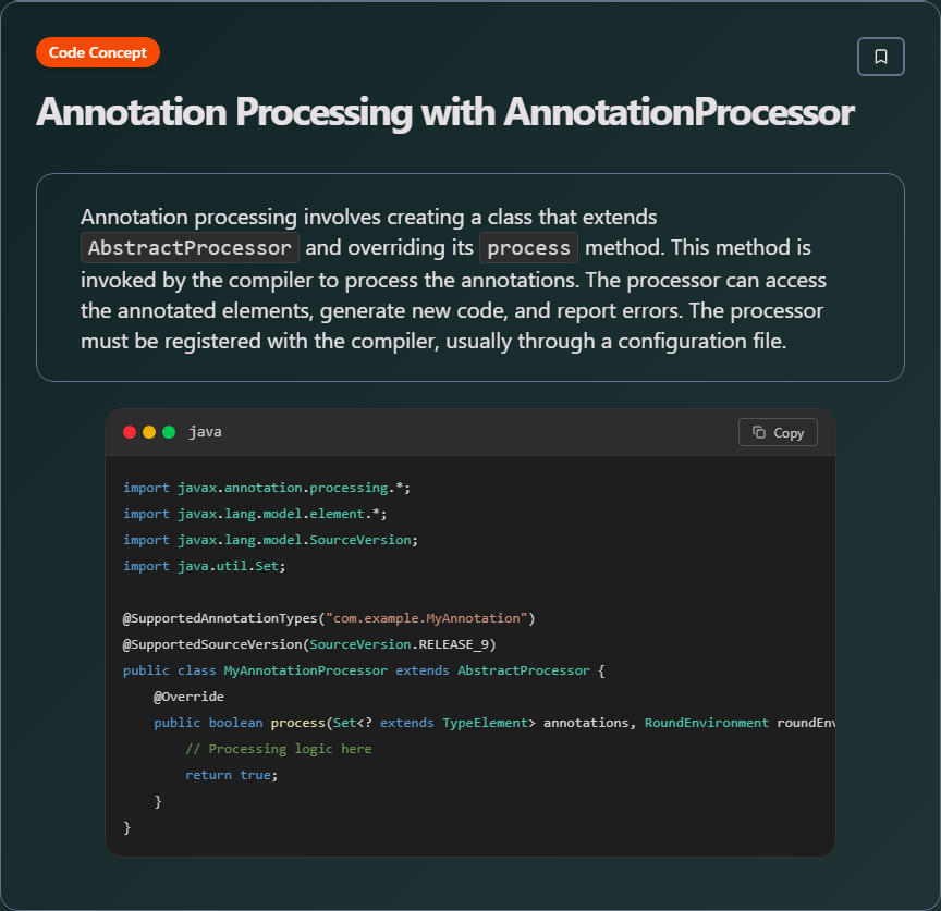 techielearns's tweet image. ✨ Annotation Processing with AnnotationProcessor (Java)

#Java #JavaDev #OOP #Backend #100DaysOfCode #DevLife