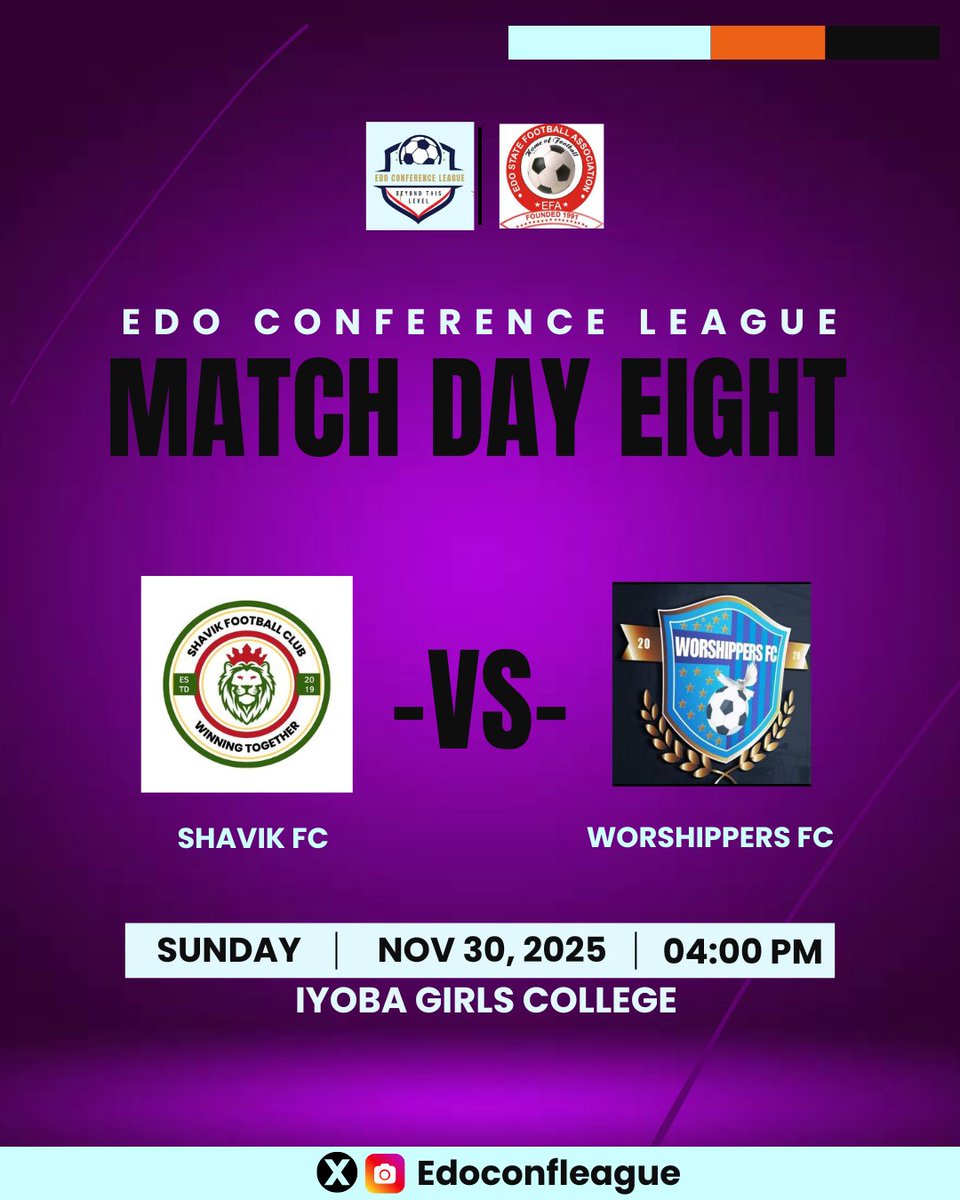 Edo Conference League action returns today with two exciting fixtures. 🔥💜

#EdoConferenceLeague #EdoFootball #GrassrootsFootball #Matchday #NigeriaFootball #FootballUpdates #JimmySeaFanconD1 #StrangerThings5