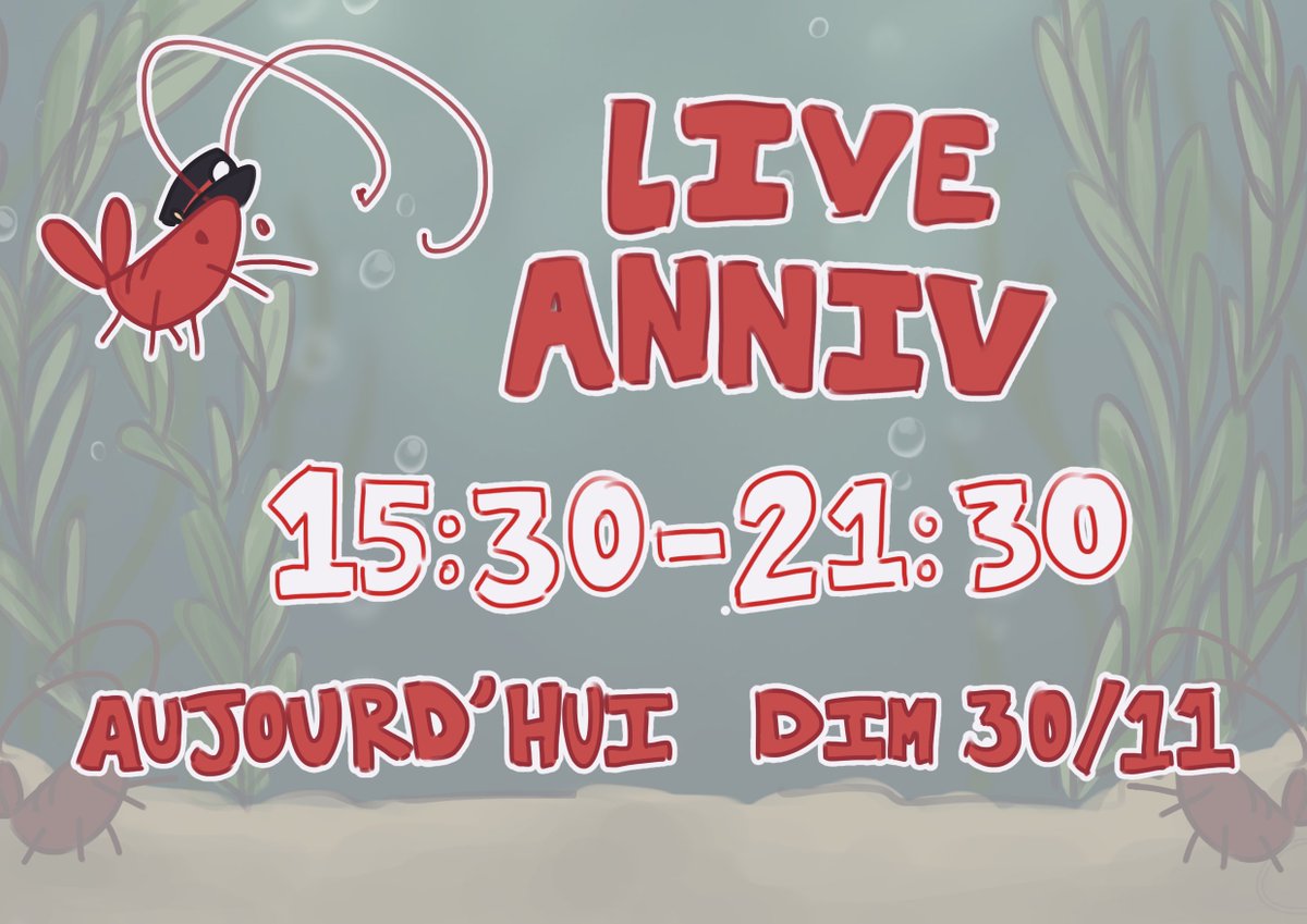 Je ne sais pas communiquer des horaires, #Vtuberfr ...
Voici donc les horaires de mon live anniversaire !

Aujourd'hui,
6h de live, 15:30-21:30
sur Twitch

‼️NOUVEAU MODELE/OUTFIT🚂🦐‼️

Loterie
Handcam
Dessin Communautaire
Jeux, Chill...

À bientôt !