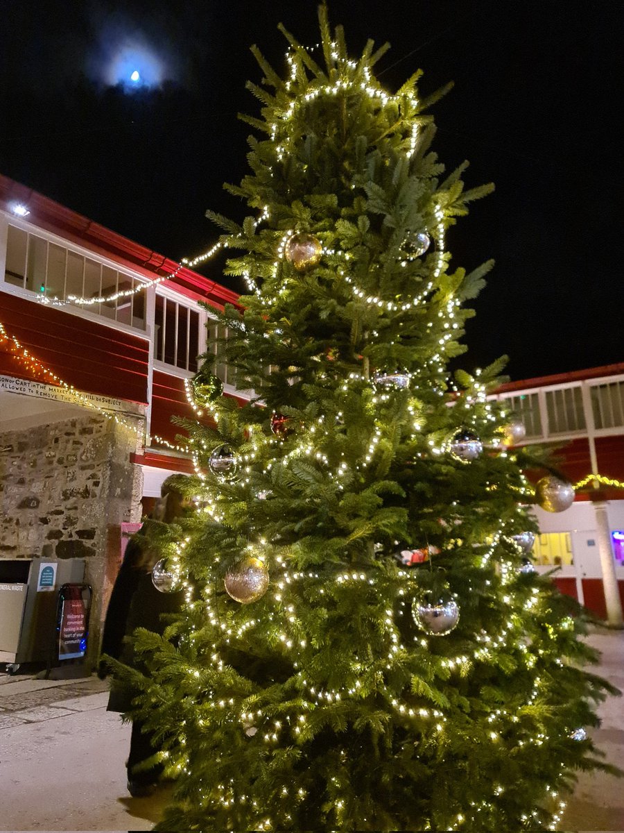 gnome_alice's tweet image. Up #Redruth wassailing yesterday, nearly six hours from start to finish. Dog thought I&apos;d left home. Too engaged to take pictures, so here&apos;s the Buttermarket Christmas tree and the moon after we finished our last set of #carols.
#RedruthWassail