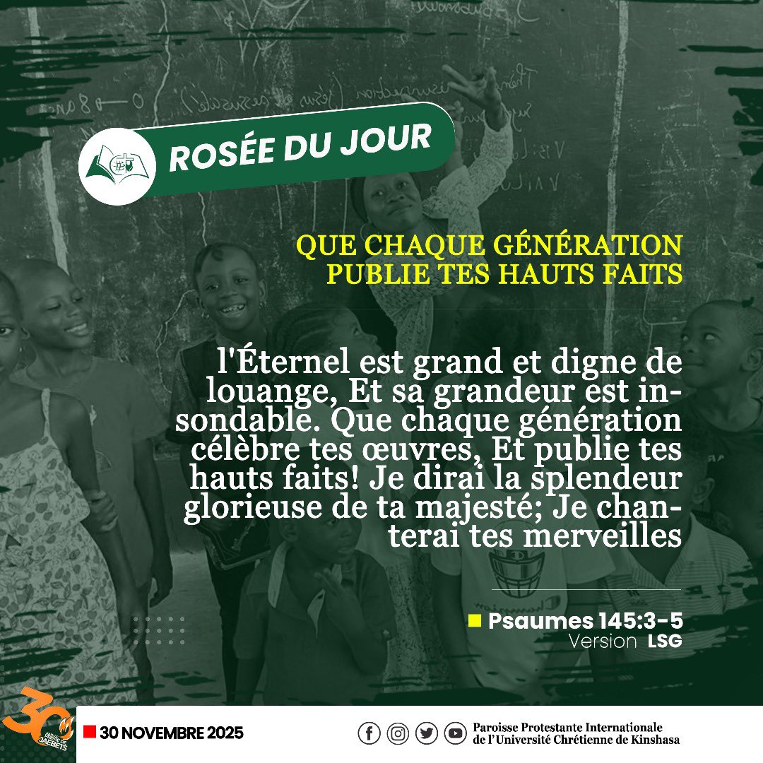 ParoisseU's tweet image. l’Éternel est grand et digne d’être loué. Nos parents ont vu ce que sa main a pu accomplir dans leur vie et nous l’ont raconté. À notre tour, perpétuons ce témoignage en annonçant aux générations futures les exploits qu’il réalise dans nos vies.
#Témoignage #Exploit #Bonté #Dieu