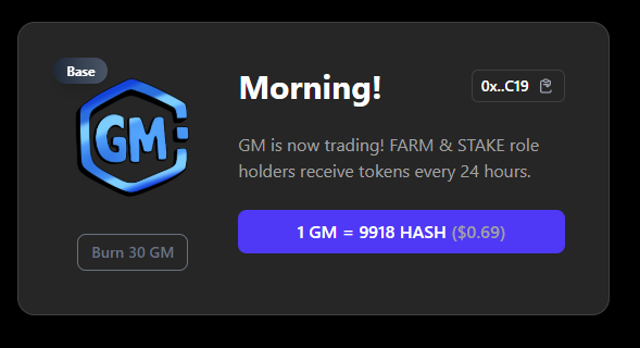 HashCoinFarm's tweet image. GM! The $GM token is live on UniSwap. FARM&amp;amp;STAKE holders get $GM every 24h. Pool with $HASH is open - buy/sell freely.
Collect 30 $GM - a new reward awaits.

lookhook.info
🦈Now is the time: sell &amp;gt; sell &amp;gt; sell.

#Crypto #DeFi #HASH #UniSwap #base