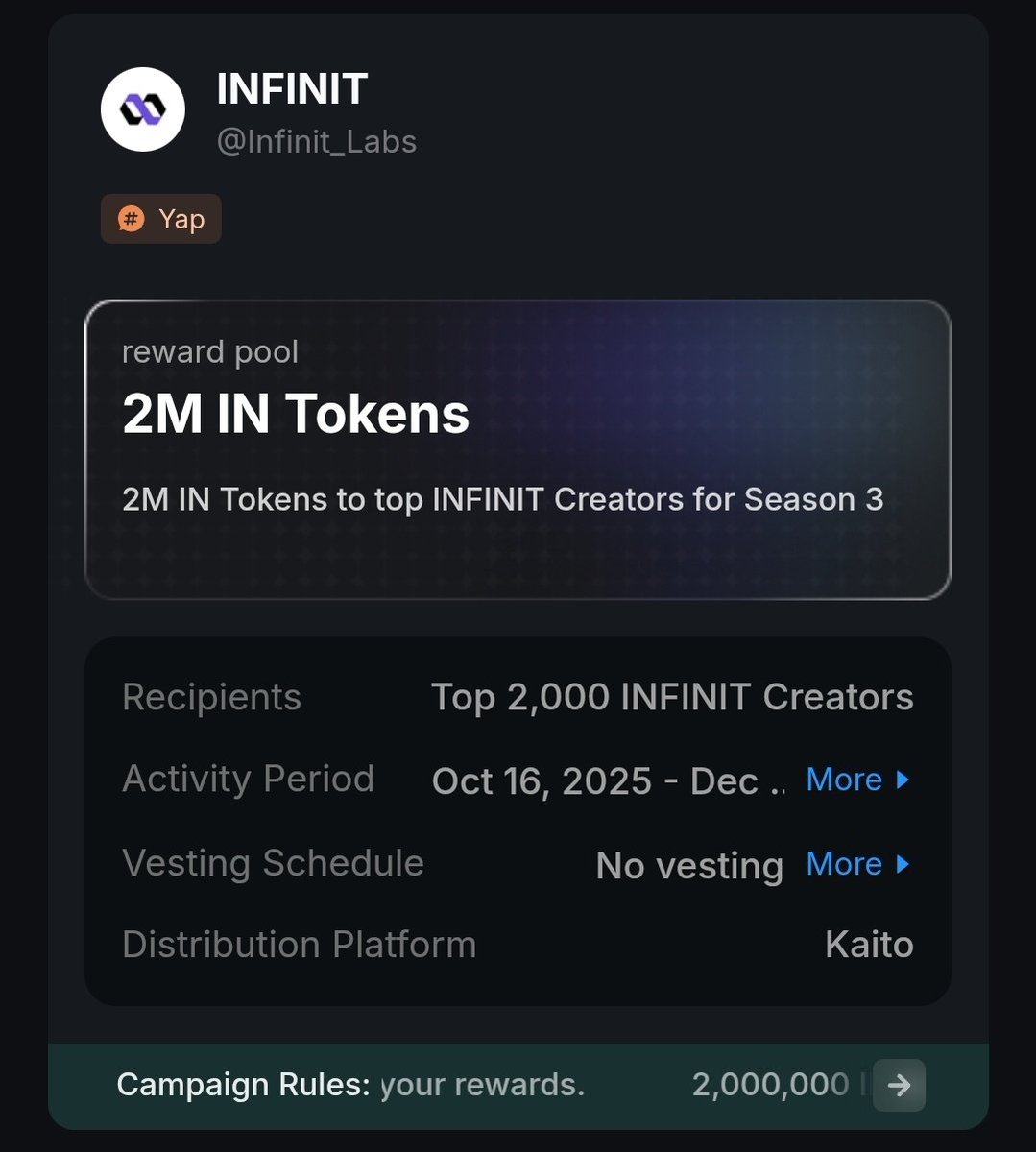 Krypto_Bandit's tweet image. GM

16 days to end InfinitLabs season campaign on @KaitoAI 

You can now experience one-click DeFi with @Infinit_Labs and @ambire wallet

Powered by INFINIT’s Agent Swarm and Ambire’s EIP-7702 transaction batching.

Here is the reward details 
&amp;gt; Top 2k yappers to be rewarded 
&amp;gt;…