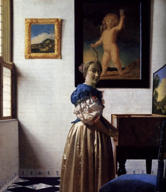 A pesar d ser el azul d ultramar más caro que el oro,  Verneer lo usaba a raudales para poner focos de atención. Entre el azul y el dominio absoluto d la luz, le convierten en mi favorito indiscutible en cuanto a composición. 
Te lleva por donde quiere en el cuadro.
Buenos días!!