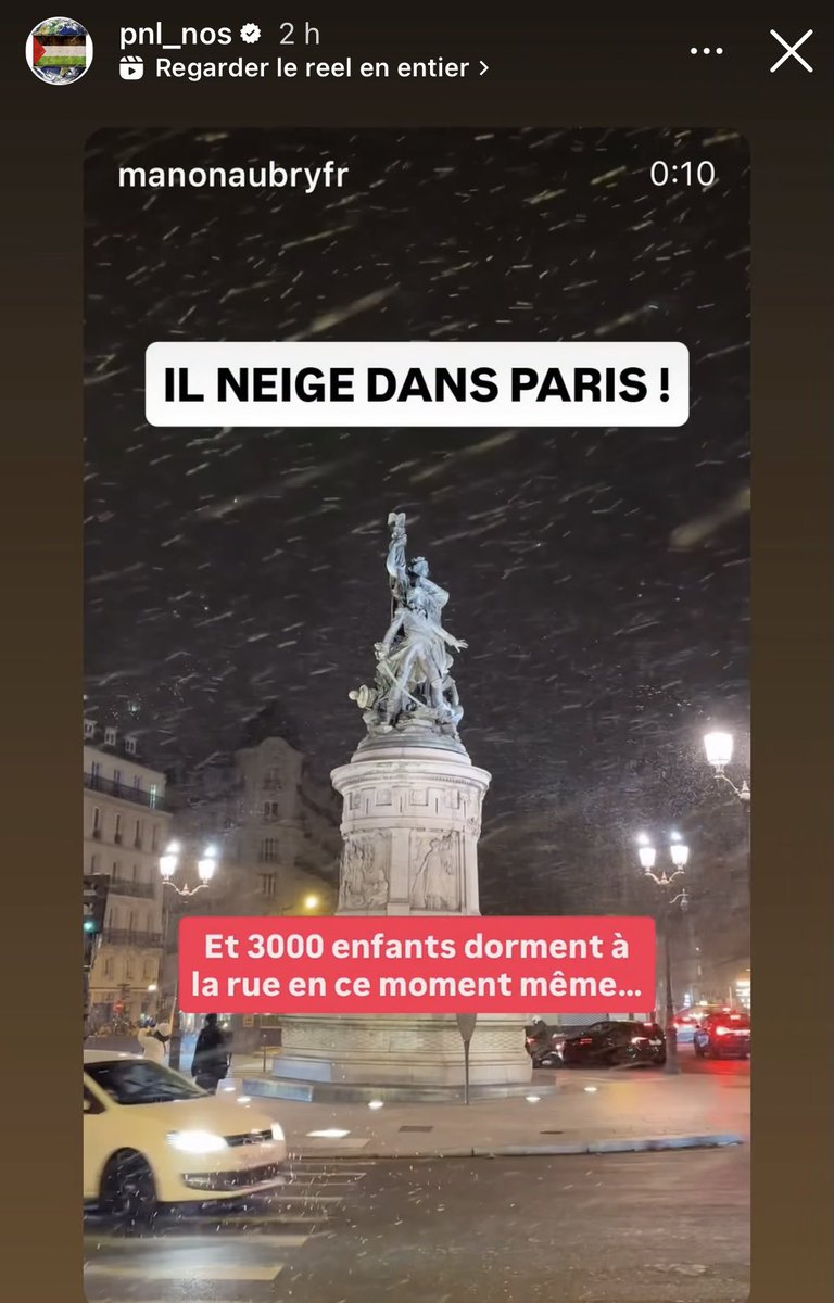 ProjetPNL's tweet image. 🇵🇸 Story de Nabil #pnl_nos by Insta toujours aussi Engagé 

« Il neige dans Paris ! Et 3000 enfants dorment à la rue en ce moment même… »

« Le monde a abandonné la Palestine. »

#FreePalestine #StopGenocideInGaza