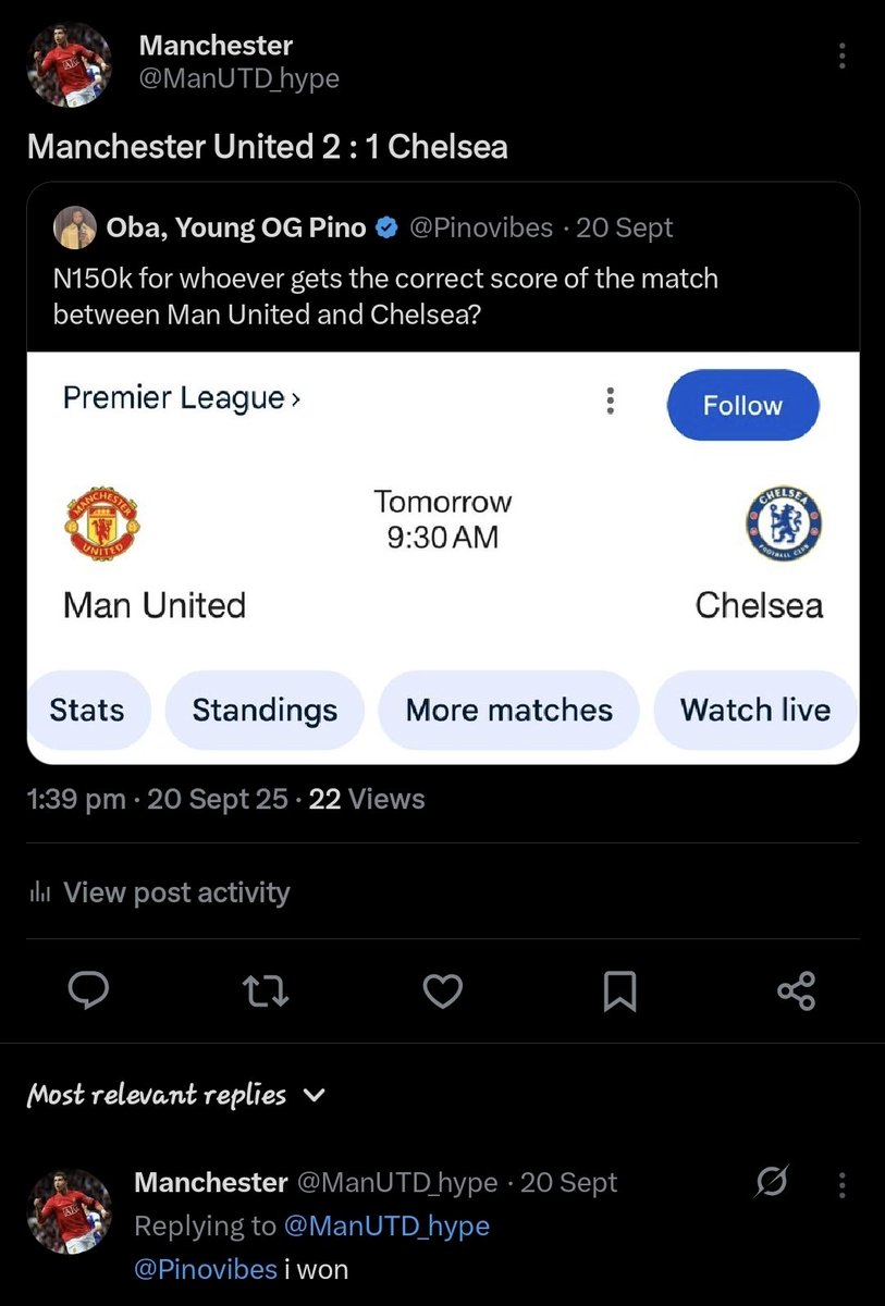 Crisp_Net's tweet photo. @Pinovibes I won last time but wasn't even mentioned. I'll go again

Chelsea 3 : 1 Arsenal https://t.co/6EQXYjWjsW