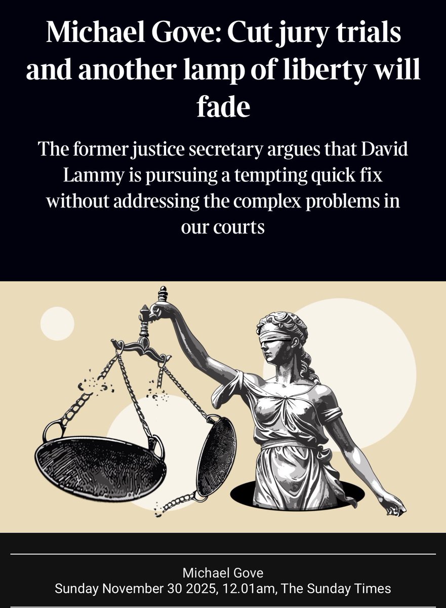 Joanna__Hardy's tweet image. Elegant and informed defence of jury trials from @michaelgove 

Lammy’s reforms are tempting - but they are a misdiagnosis, and they are wrong.