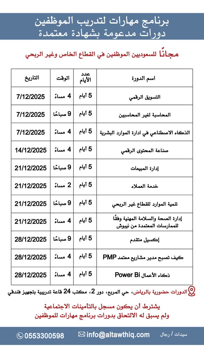 #دورات_مجانية معتمدة
👤 للموظفين في القطاع الخاص وغير الربحي المسجلين بالتأمينات 
📍 حضوري بالرياض

🎯 فرصة حقيقية للتطوير، التعلم، وإضافة شهادة معتمدة إلى ملفك المهني
ابدأ اليوم بخطوة تصنع الفرق في مسارك

 #شهادة_معتمدة #تطوير_الموظفين #الرياض_اليوم #الرياض_الان