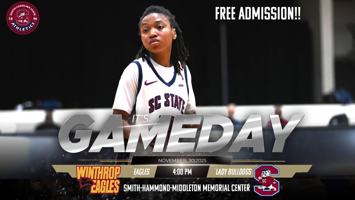 SCStateAthletic's tweet image. BULLDOG NATION!! Come Out and Support Your SC State Lady Bulldogs Versus Winthrop in A Non-Conference Battle versus Winthrop Sunday (Nov. 30) inside Smith-Hammond-Middleton Memorial Center. Tipoff is 4:00 PM Admission is FREE to the PUBLIC.
