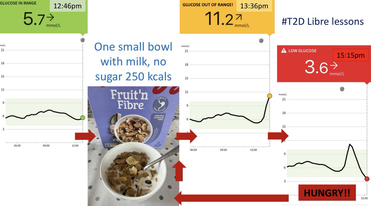 lowcarbGP's tweet image. I have learnt such a lot with continuous glucose monitoring 1/2 This is what happens when I try a bowl of healthy wholegrains Blood sugar way up but then later crashes, I go hypo and HUNGRY!! And need another bowl of those healthy wholegrains!! In the next slide I eat low carb…