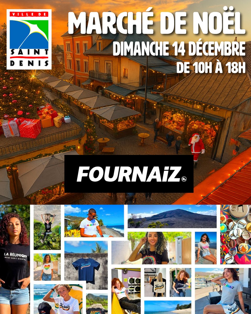 Oté #Team974 ! Fournaiz débarque au Marché de Noël du Carré Cathédrale ! #LaReunion 🎄
📍 RDV à Saint-Denis le dimanche 14 décembre 2025 au marché des créateurs ✨
👕 T-shirts 📌 Pins, badges &amp; magnets 👜 Tote bags 🌋