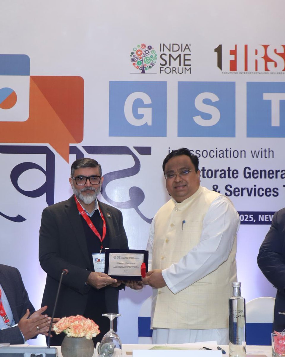 Mr. Vinod Kumar, President, India SME Forum, felicitates Dr. Sasmit Patrawith a token of appreciation for his valuable presence and keynote insights at GST Samvaad 2025.

A gesture acknowledging his contribution to the dialogue on strengthening India’s GST framework and fostering