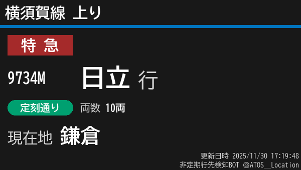 ATOS_Location's tweet image. 【非定期】横須賀線 上り
列車番号: 9734M
種別: 特急
行先: 日立