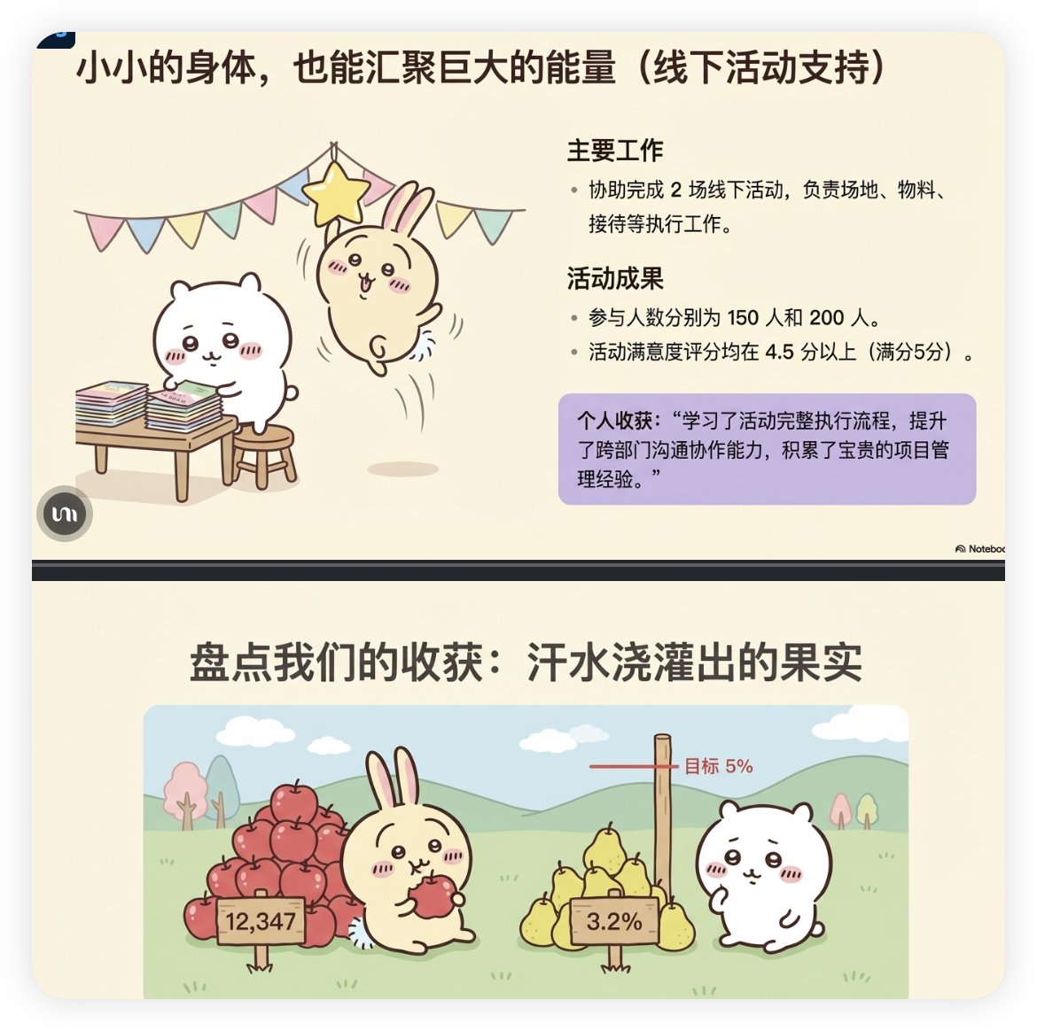 CodesCookies's tweet photo. 试了几次 这个prompt效果最好

"Create a slide deck in Chiikawa anime style.  MAIN CHARACTERS (use 2-3 of these):  Chiikawa: Tiny round white creature with small cat ears, gentle shy expression  Usagi: Pale yellow rabbit with long ears, cheerful energetic personality  Hachiware: White with soft orange patches, friendly warm expression  CHARACTER RULES:  Simple bean-shaped bodies, stubby limbs, dot eyes  Keep the SAME character designs across ALL slides  Characters can interact or appear solo  Show different emotions: working hard, tired, happy, celebrating  VISUAL STYLE:  Color palette: Soft pastels only (baby blue, mint green, pale pink, cream, pale yellow)  Art style: Minimal lines, gentle shapes, clean backgrounds  Mood: Wholesome, slightly melancholic, relatable  NO bright colors, NO complex details, NO realistic animals  CONSISTENCY:  Maintain identical character proportions throughout  Use the same soft, rounded art style on every slide  Keep backgrounds simple and complementary"