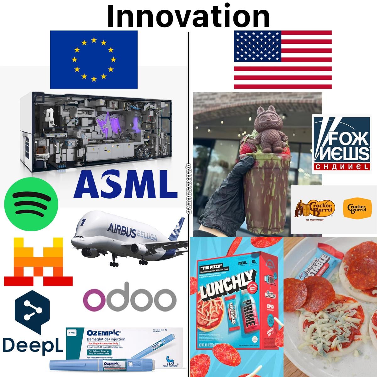 European Innovation is Elite 🇪🇺

While America is busy with simplifying logos, Europe produces the best planes, next-gen chip machines, and the cure for American obesity.