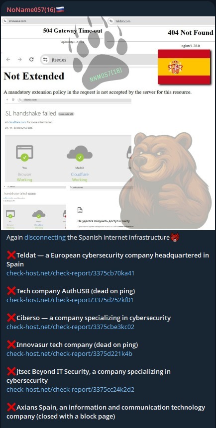 FalconFeedsio's tweet image. 🚨 DDoS Alert  🇪🇸

NoName claims to have targeted multiple websites in Spain.

- Teldat
- authUSB
- Ciberso
- Innovasur
- jtsec Beyond IT Security
- Axians Spain
- Mumken
- Toledo City Council
- Izenpe
- Bilbao City Council
- Provincial Council of Lleida
- City Council of…