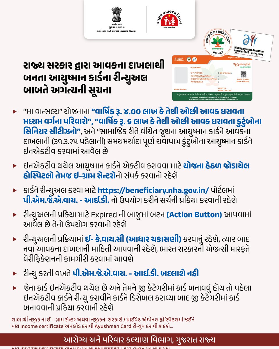 રાજય સરકાર દ્વારા આવકના દાખલાથી બનતા આયુષ્યમાન કાર્ડના રીન્યુઅલ બાબતે અગત્યની સૂચના...

#Vatsalyacardupdate
#anemia
#spreadawareness
#savelife
#gog
#healthdepartment
#savelife
#humanity
#gujarat
#lifeafterlife
#India