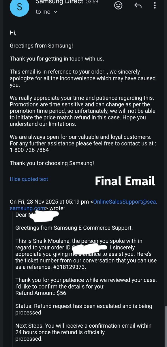 shas0408's tweet photo. Hi @SamsungMobileUS !

Can you save me from your own bait-and-switch which costed me roughly $60 on this Black Friday sale?

Your customer rep assured me to cancel a discounted order in favor of a costly order by saying a partial refund will be issued but now they are denying it? https://t.co/9lyk27DAFM