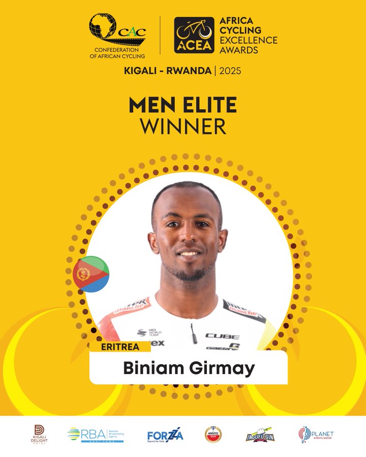 michael_teclai's tweet photo. A massive salute to Biniam Girmay! The Eritrean cycling sensation was crowned the Best African Cycling Rider at the CAC Awards in Kigali!
His incredible sprint talent makes him a true symbol &amp; inspiration for all young cyclists across the continent. Congrats on this major honor! https://t.co/naznC08jxW