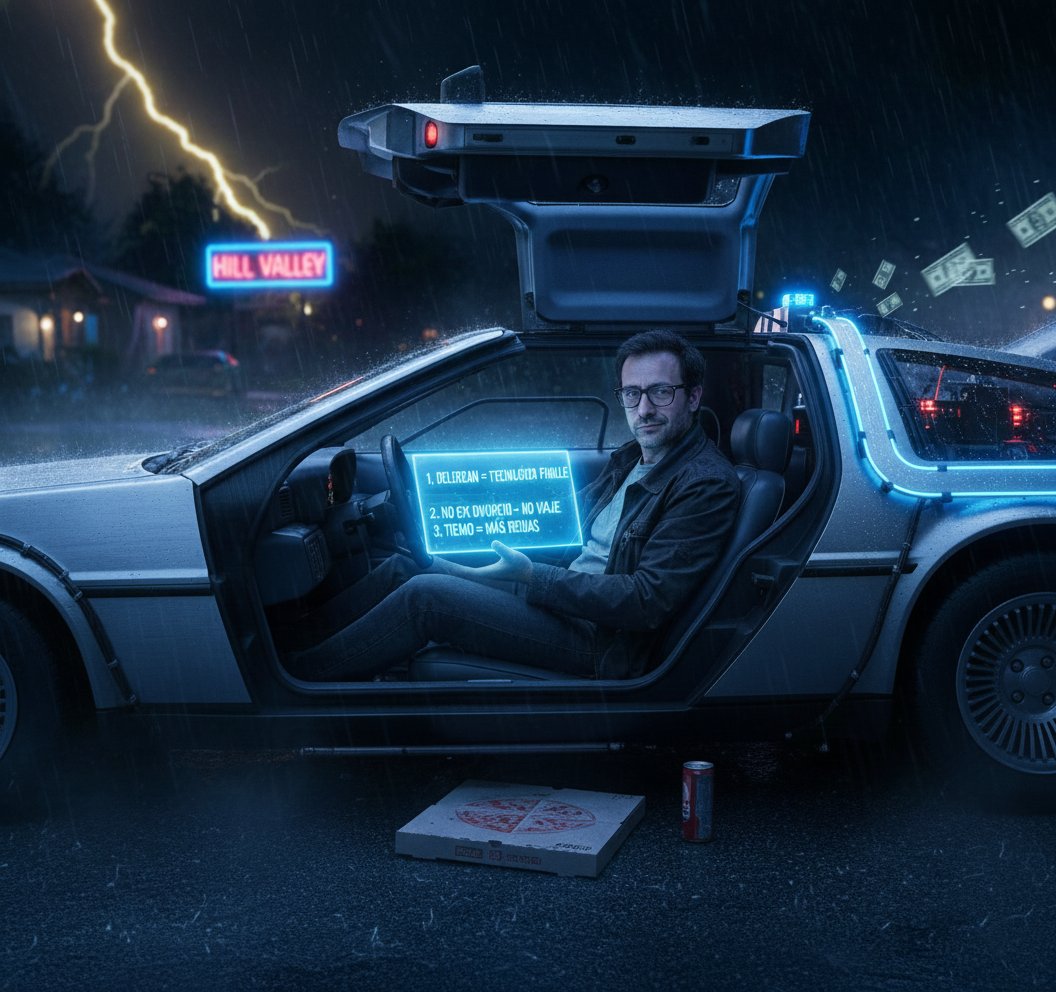 ChemaR_Code's tweet image. Vuelves a ver Regreso al Futuro y solo piensas: 1. El DeLorean era la única tecnología fiable. 2. ¿Para qué viajar al futuro si no puedes arreglar tu divorcio? 3. El tiempo es una mierda que solo te trae más deudas. ¡Dame la máquina del tiempo, Doc! 🚗⚡ #RegresoAlFuturo #80s