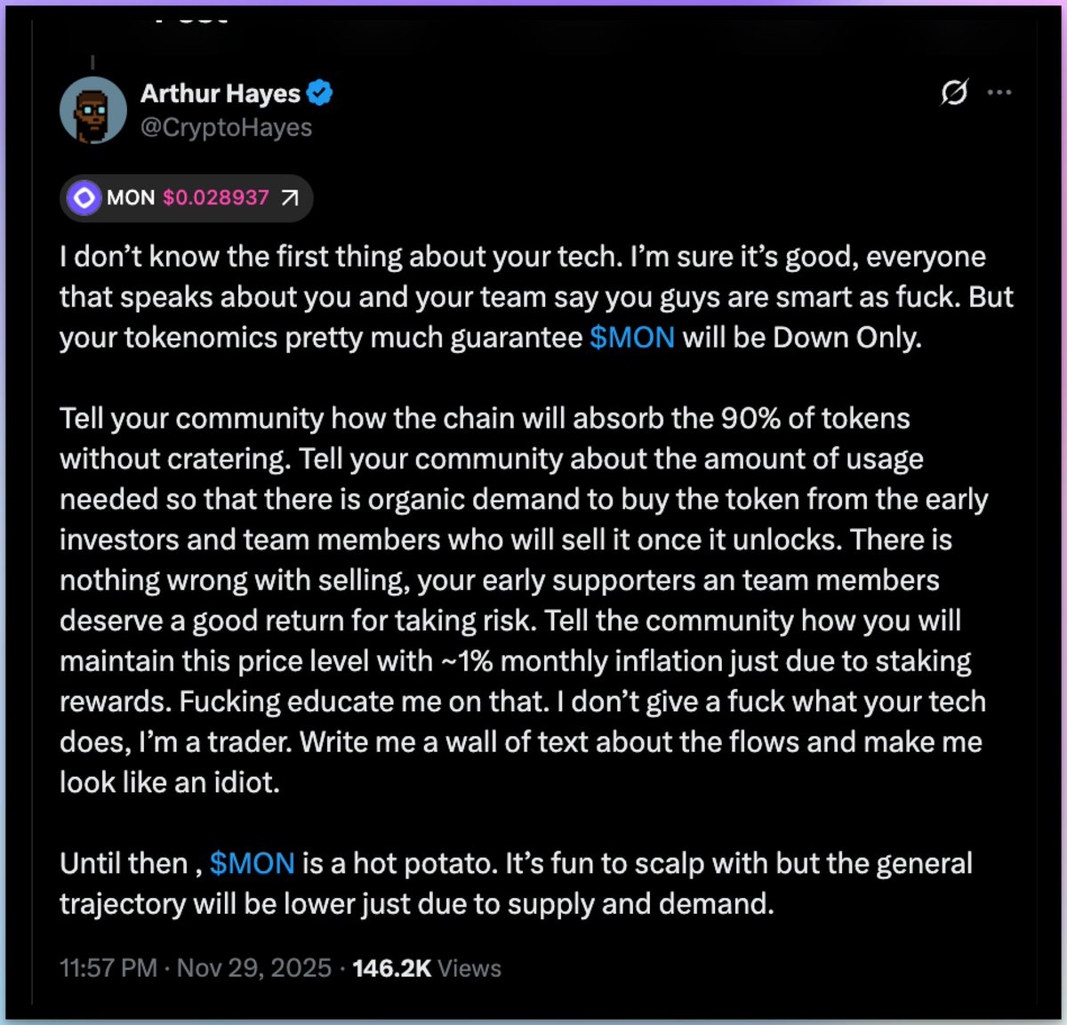 $MON back around ICO price! 
What happened to $MON on a low-liquid Sunday? 

The sharp drop also liquidated a few traders. <a href="/CryptoHayes/">Arthur Hayes</a> also debated with Keone about its tokenomics, stating P.A is a down-only token that lacks utility, and token absorption will be difficult.