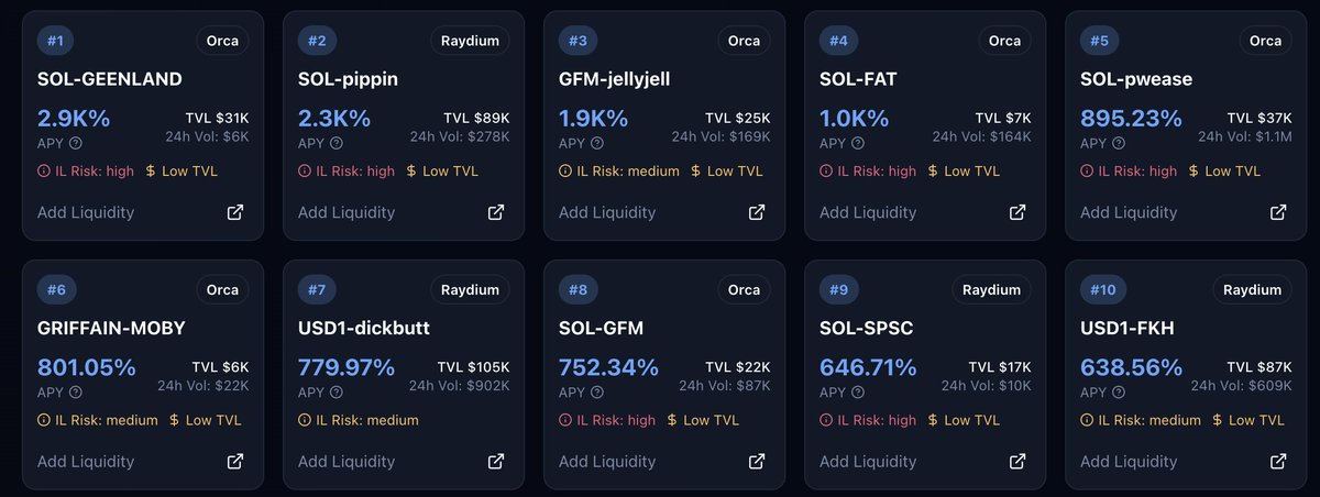 YieldscopeFi's tweet photo. Today's top pairs on Yield scope  

1) $SOL- $GREENLAND              
2) $SOL - $PIPPIN
3) $GFM - $JELLYJELLY 
4) $SOL - $FAT  
5) $SOL - $PWEASE             
6) $GRIFFAIN - $MOBY
7) $USD1 - $DICKBUTT      
8) $SOL - $GFM        
9) $SOL - $SPSC
10) $USD1 - $FKH https://t.co/ducDXim5y2